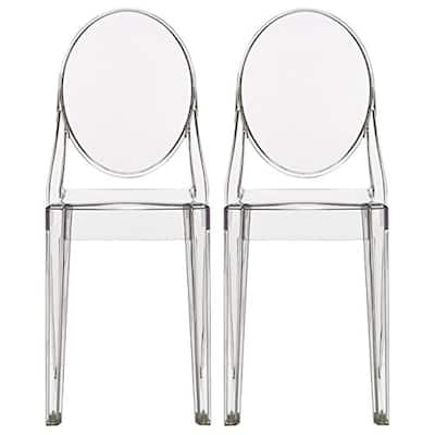 Clear Acrylic Stackable Armless Side Chairs with Oval Back – Modern Transparent Dining, Vanity, Office Accent Chairs (Set of 2)