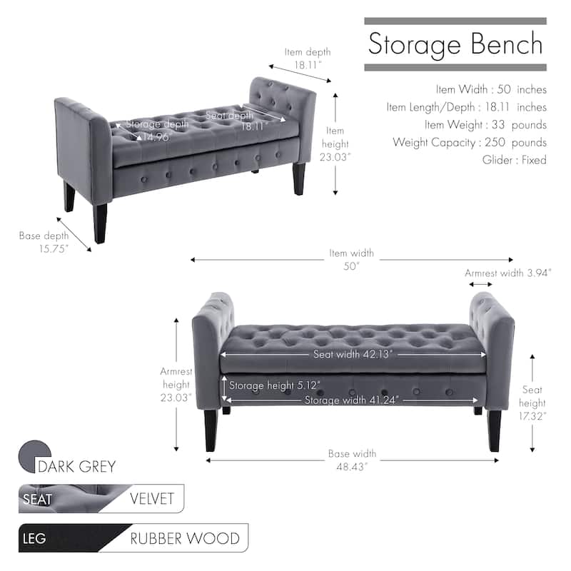 Porthos Home Brett Velvet Storage Bench with Rubberwood Legs