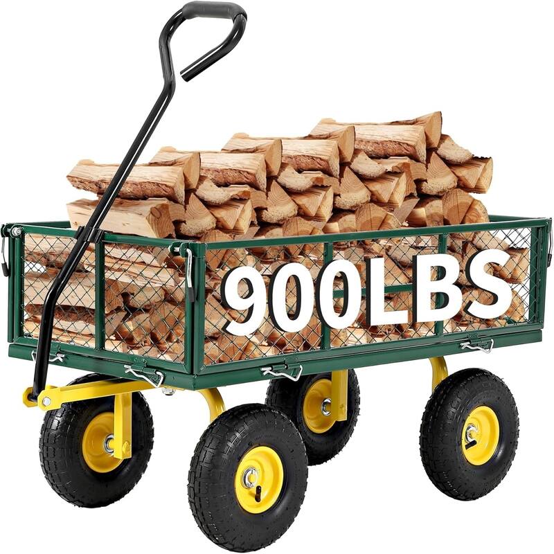 900-lb Capacity Steel Garden Cart Removable Mesh Sides Convert to Flatbed and 180Degree Rotating Handle Green