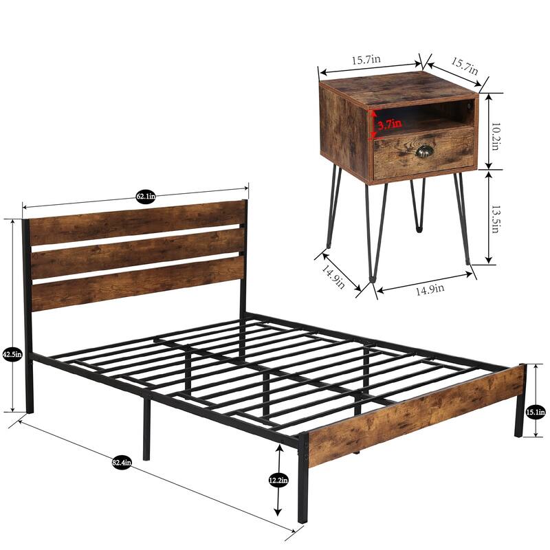 3-Pieces Bedroom Set with Rustic Brown Platform Bed Frame and Nightstands Set of 2