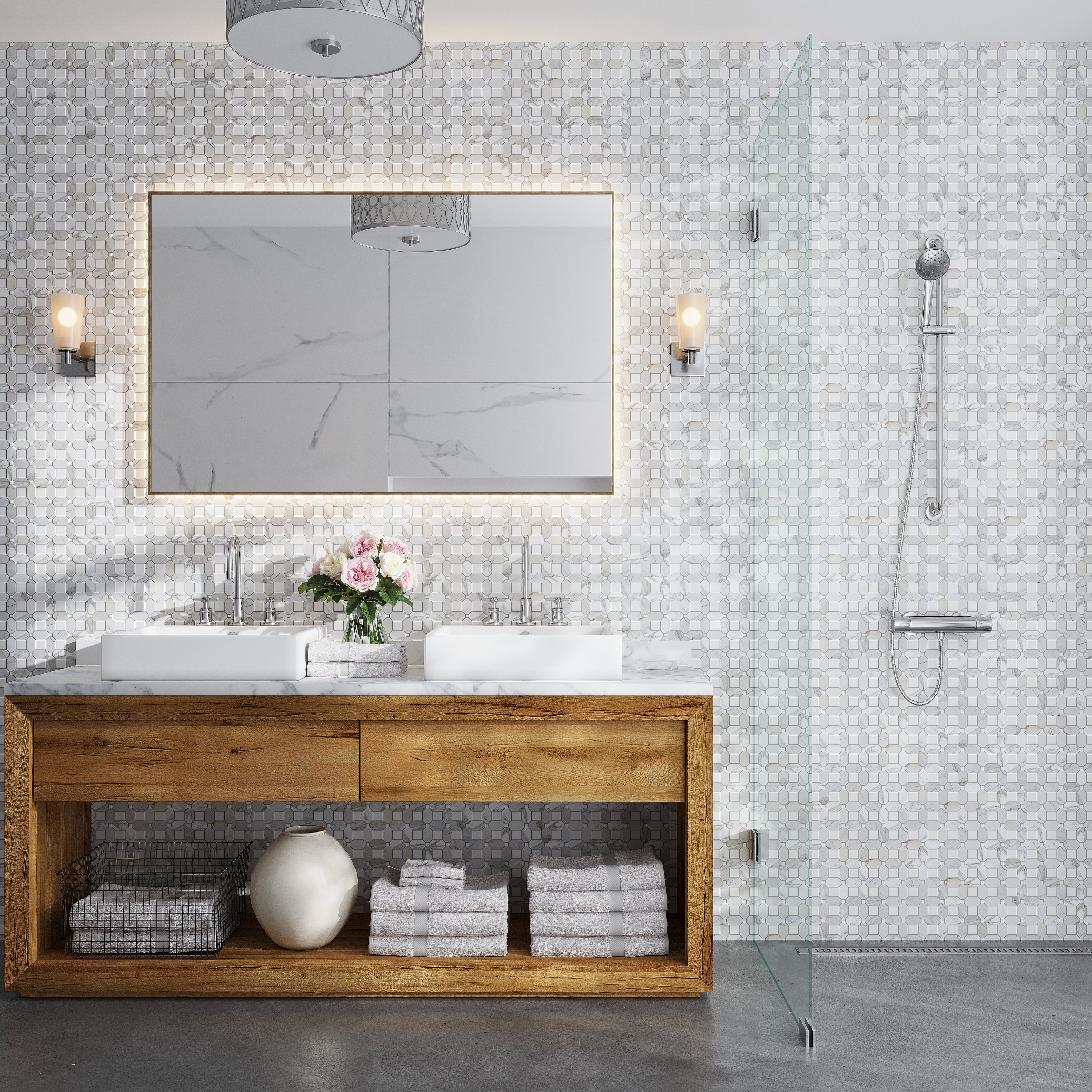 Serena 12x12 White Gray Calacatta Gold, Thassos Mosaic octagon & dot Wall and Floor Tile (5.17 sq ft/case) - 5 Pack
