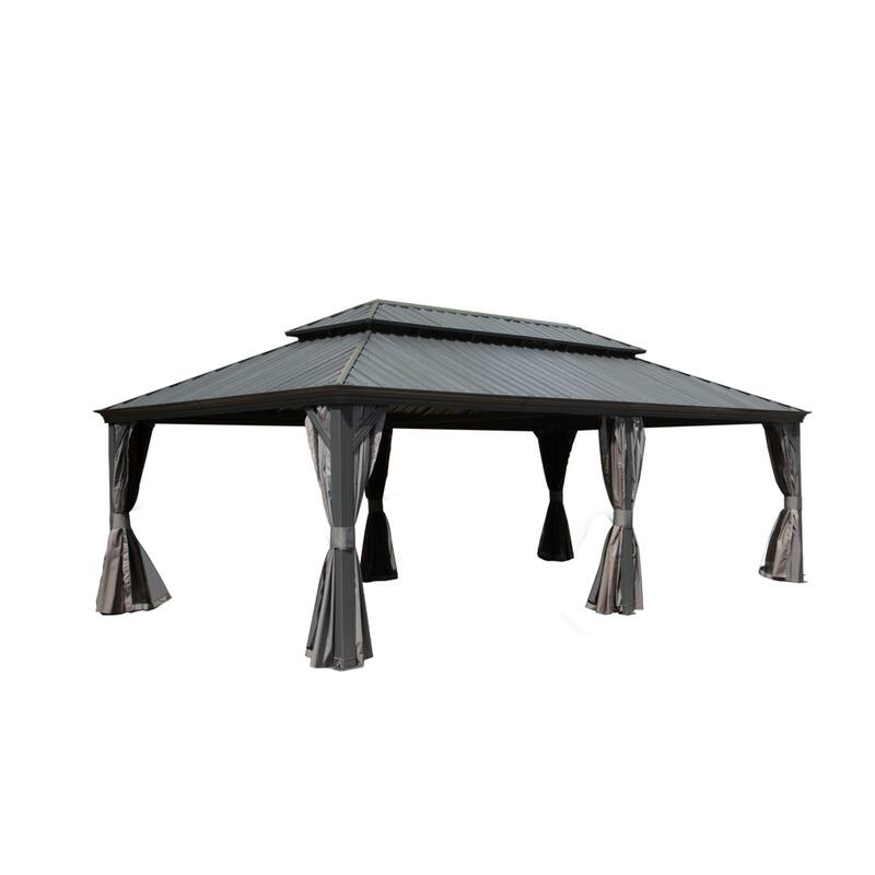 14x22FT Hardtop Gazebo with Galvanized Steel Roof, Aluminum Frame, Built-in Gutter, Curtains & Netting for Patio Garden - Grey