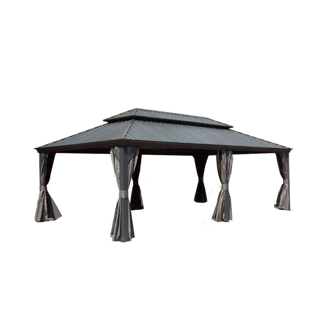 14x22FT Hardtop Gazebo with Galvanized Steel Roof, Aluminum Frame, Built-in Gutter, Curtains & Netting for Patio Garden