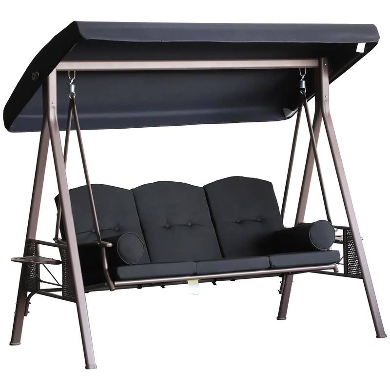 3-Seat Patio Swing Chair, Adjustable Canopy, Side Trays, Comfort Set