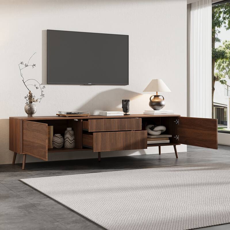 70 inch Fluted TV Stand with Storage Drawers, Entertainment Center Media Console Cabinet with Storage Cabinet