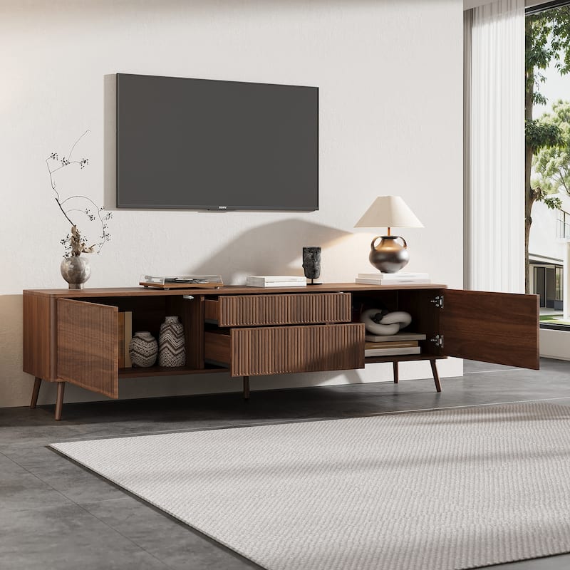 Roomfitters 70 Inch Fluted TV Stand for TVs up to 80 Inch, Media Console with Storage Drawers, Cabinets & Soft-Close, Walnut - Walnut