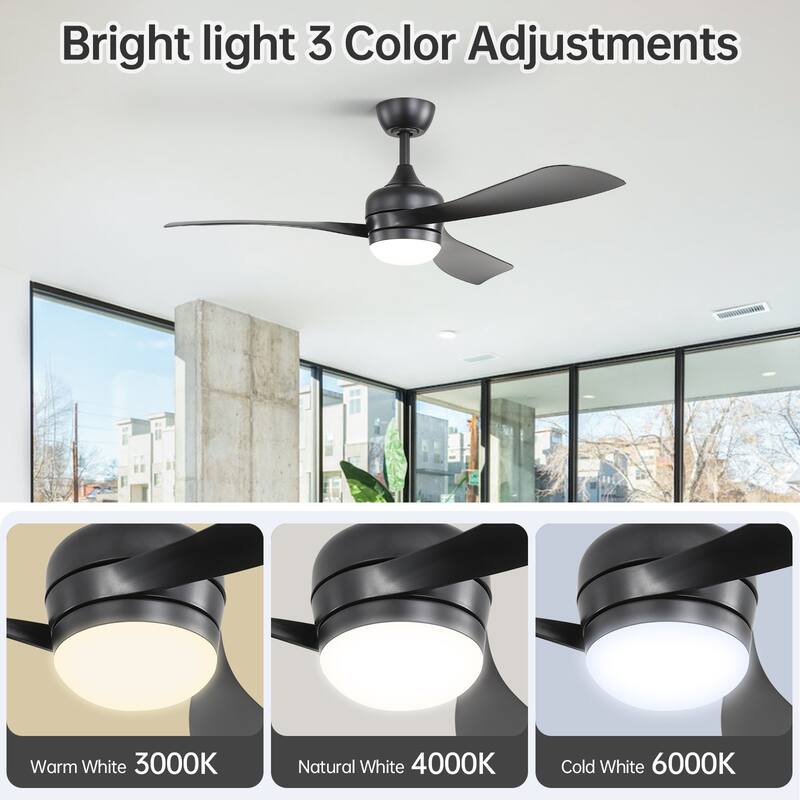 52-Inch Black Ceiling Fan With 3 ABS blades,Remote Control,Reversible DC Motor,Noiseless,3 Downrods Available,LED Dimmable