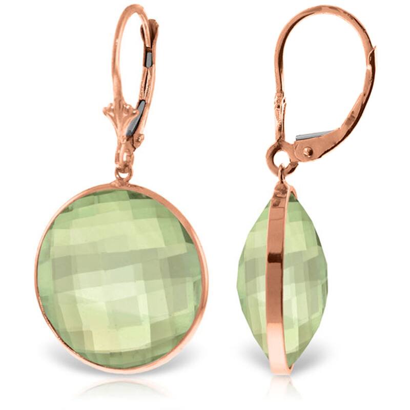 14K Solid Gold Leverback Earrings Round Green Amethyst Certified - Rose