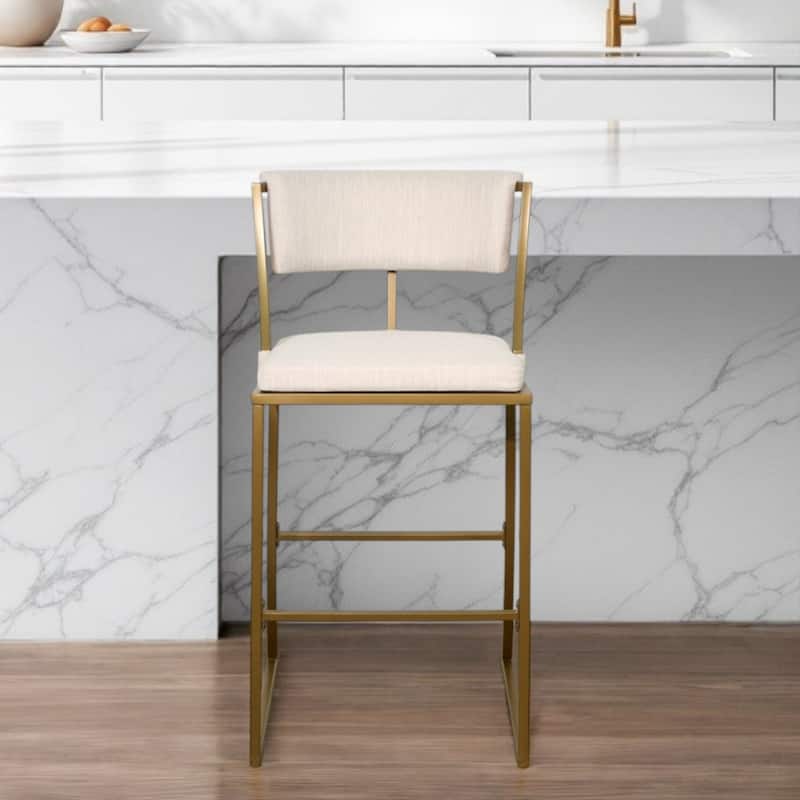 Beige Upholstered Steel Counter Bar Stool with Low Back and Footrest