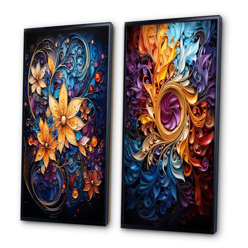 Designart "Spiral Kaleidoscope" Abstract Spirals Framed Wall Art Set Of 2 - Gold Gallery Wall Set For Home Decor
