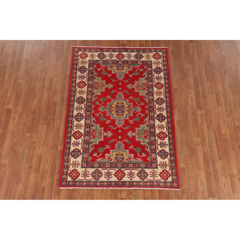 Kazak Oriental Area Rug Hand-Knotted Bedroom Red Wool Carpet - 4'2" x 6'0"