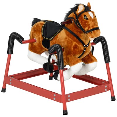 Spring Rocking Horse, Kids Ride on Horse, Plush Horse Ride-on with Sounds & Foot Stirrups, Saddle for Kids 3-8 Years - Brown