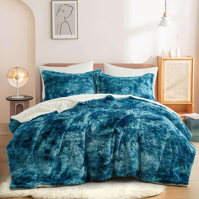 Dual-Side Fluffy Sherpa Comforter Set, Winter Plush Fuzzy Bedding Set