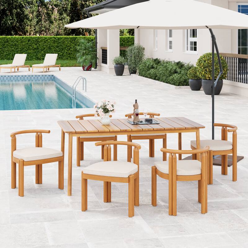 Roomfitters Outdoor Dining Set 7 Piece Solid Acacia Wood Table Armless Chairs Cushioned, Teak Beige