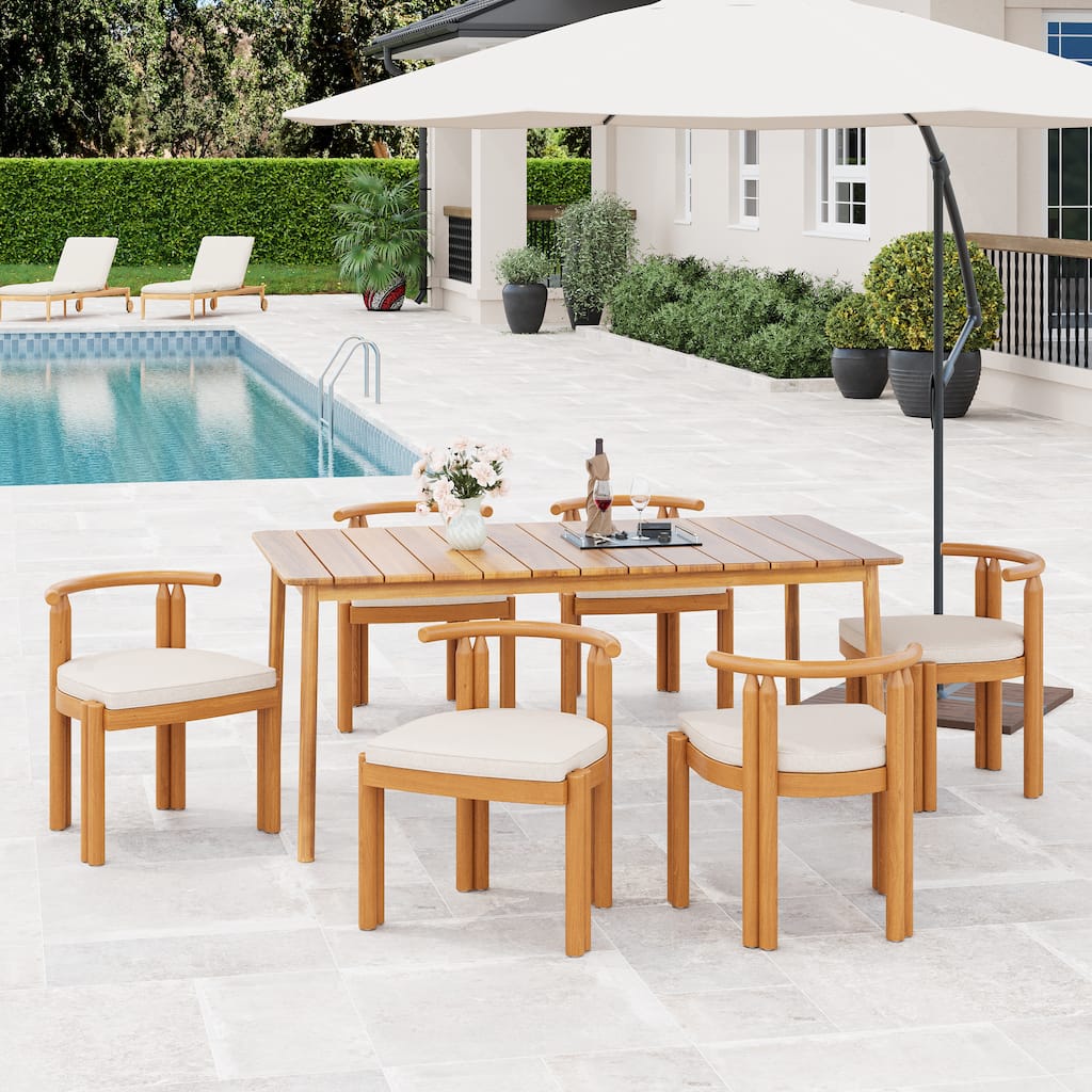Roomfitters Outdoor Dining Set 7 Piece Solid Acacia Wood Table Armless Chairs Cushioned, Teak Beige