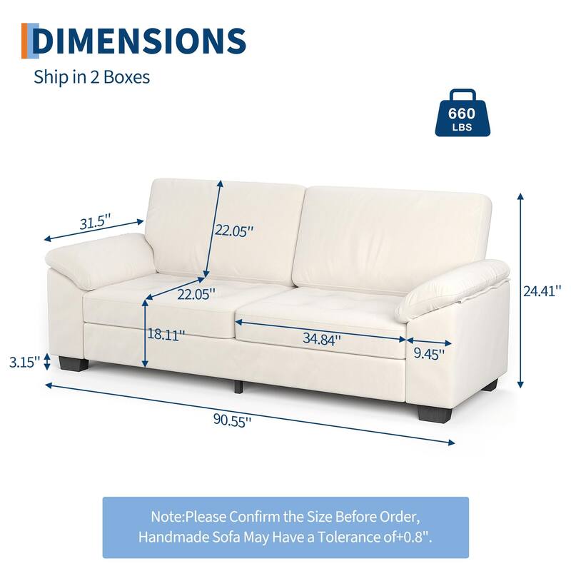 90in-Modern Oversized Loveseat, Beige Velvet Upholstered Loveseat with Soft Spacious Armrests, Washable Cushion Covers