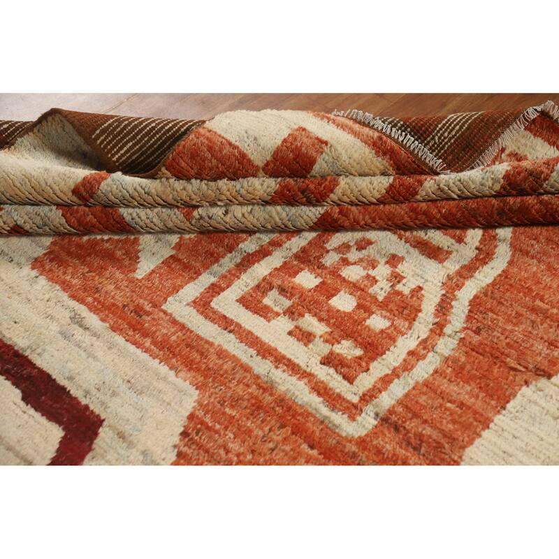 Moroccan Oriental Area Rug Hand-Knotted Beige Tribal Wool Carpet - 6'10" x 9'8"