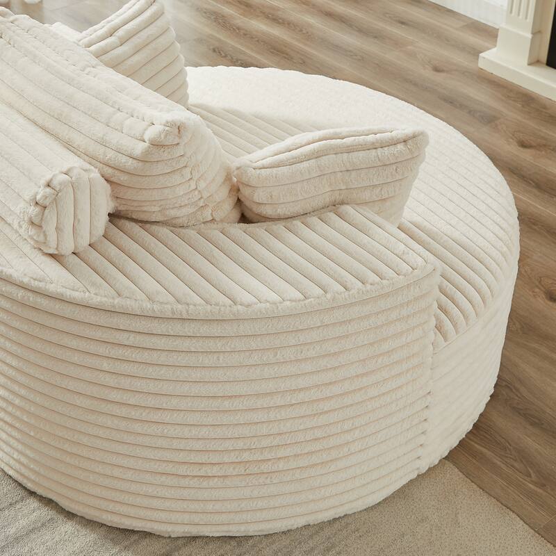 Oversized Round Chaise Lounge Corduroy Upholstered Single Sofa Chair with Cylindrical Neck Pillow and Integrated Backrest