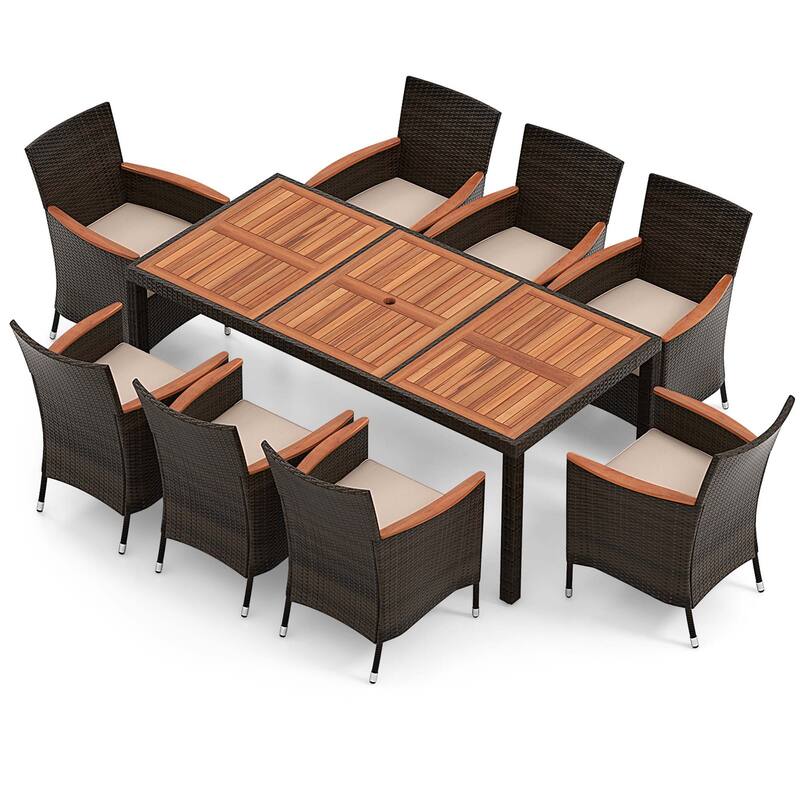 Costway 9PCS Patio Wicker Dining Set Acacia Wood Table Top Umbrella - See Details