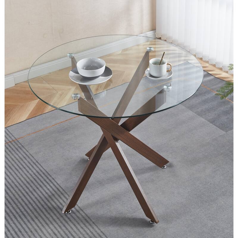 GDFStudio - Willowridge Modern Contemporary 35.4" Metal Frame Round Tempered Glass Dining Table with Cross Metal Base - 35.43"L - Brown