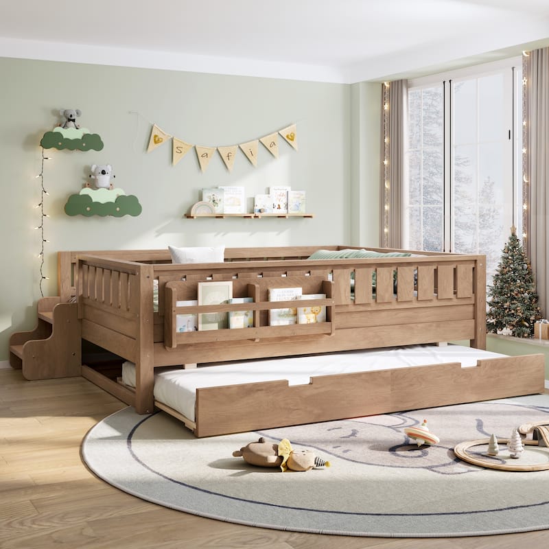 Montessori Toddler Bed with Fence, Low Profile Platform Bed for Kids with Trundle, Built-in Bookshelf and Small Staircase