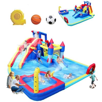 10 in 1 Inflatable Water Slide Bounce House for Kids, Blow Up Slide Water Park with Blower,Splash Pool & Soccer & Basketbal
