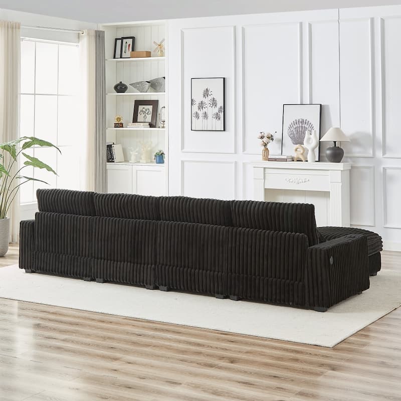 126" Corduroy L-Shaped Sectional Sofa With Movable Footrest and Four Waist Pillows, USB Port