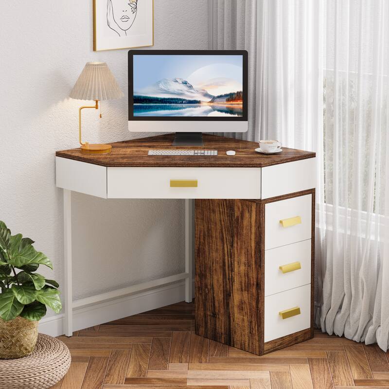 Corner Computer Desk with Drawers, Writing PC Makeup Vanity Storage Desk, Home Office Living Room Bedroom Accent Desk
