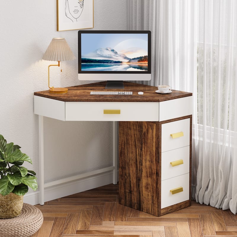 Corner Desk with Drawers, Computer Writing PC Makeup Vanity Storage Desk, Home Office Living Room Bedroom Accent Desk