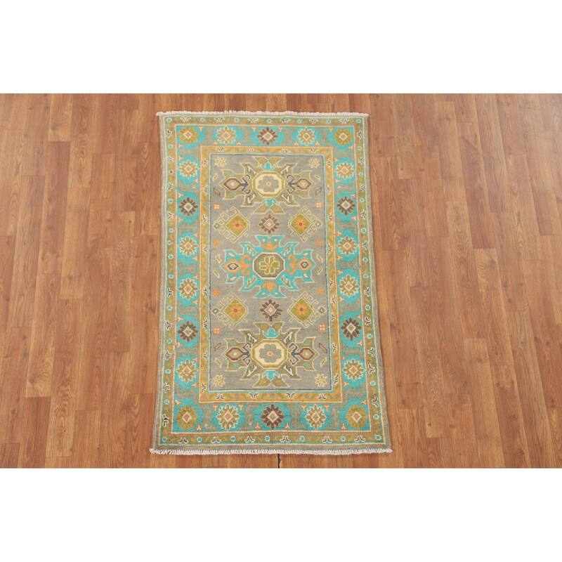 Geometric Grey Kazak Oriental Accent Rug Handmade Wool Carpet - 2'6" x 4'5"