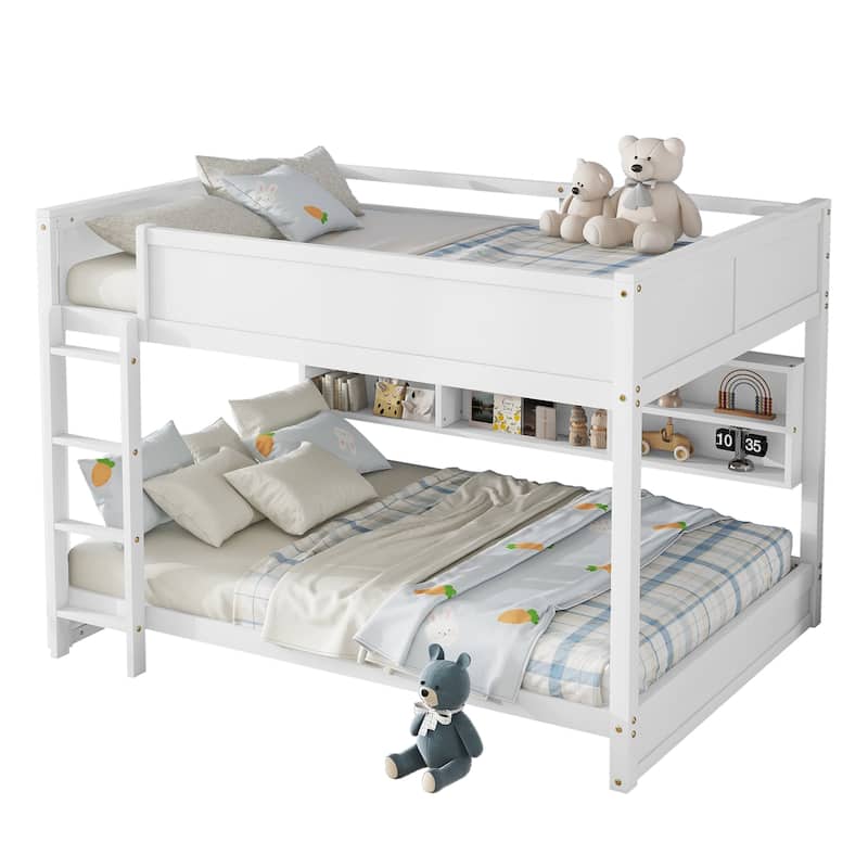 Wooden Queen Size Bunk Bed Frame with Charging Station and Storage Cabinets, Solid Pinewood Bunk Bed Frame, Queen over Queen
