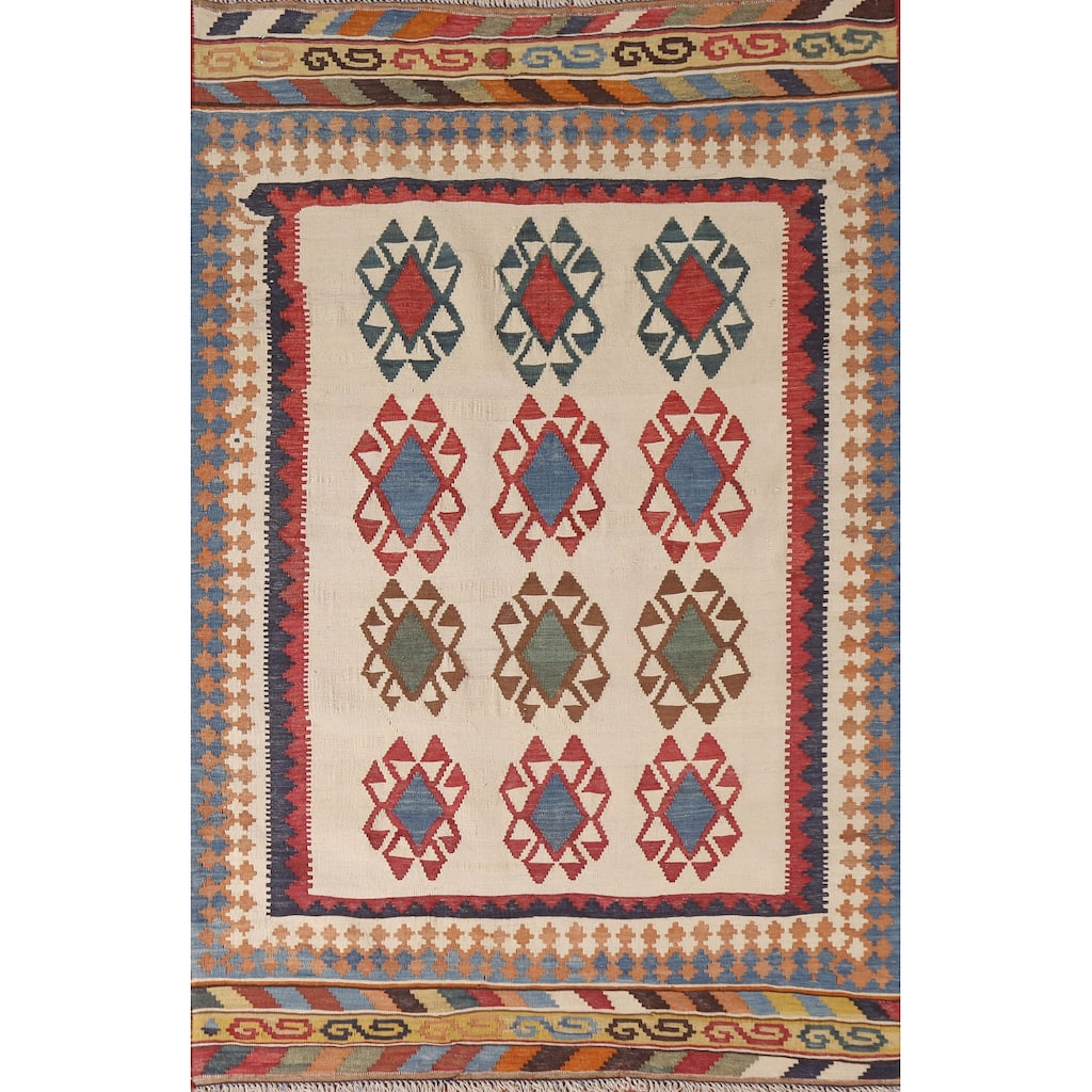 Vegetable Dye Beige Kilim Qashqai Persian Vintage Rug - 4'1"x 6'7"