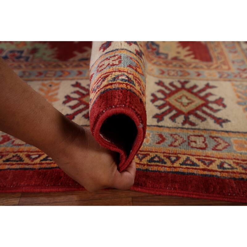 Red Geometric Kazak Area Rug Handmade Wool Carpet - 8'1" x 9'7"