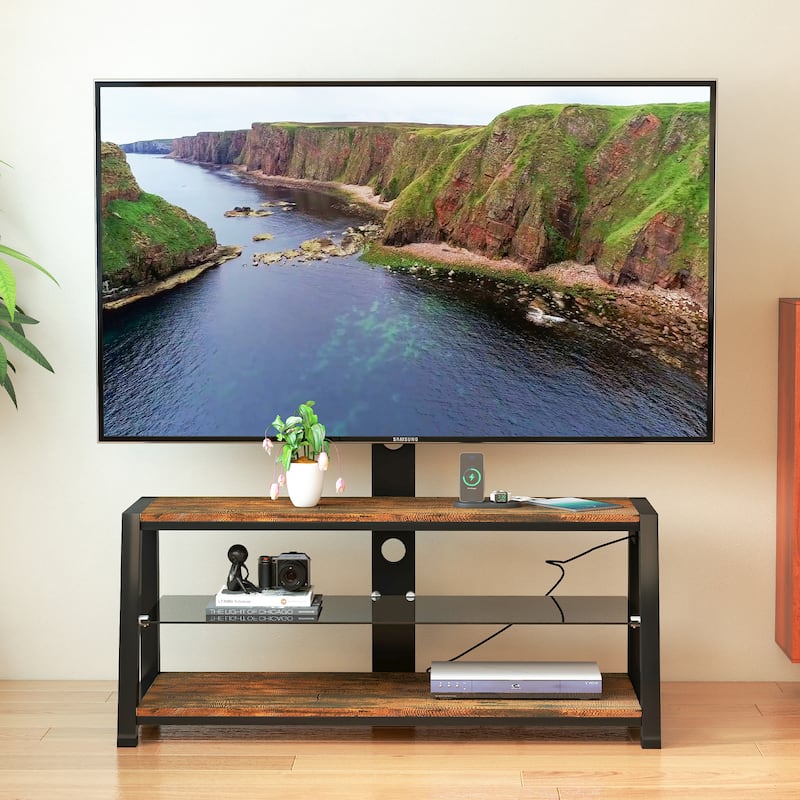 Wooden Storage TV Stand Black Tempered Glass Height Adjustable Universal Swivel Entertainment Center With Mount TV Stand,black - Natural