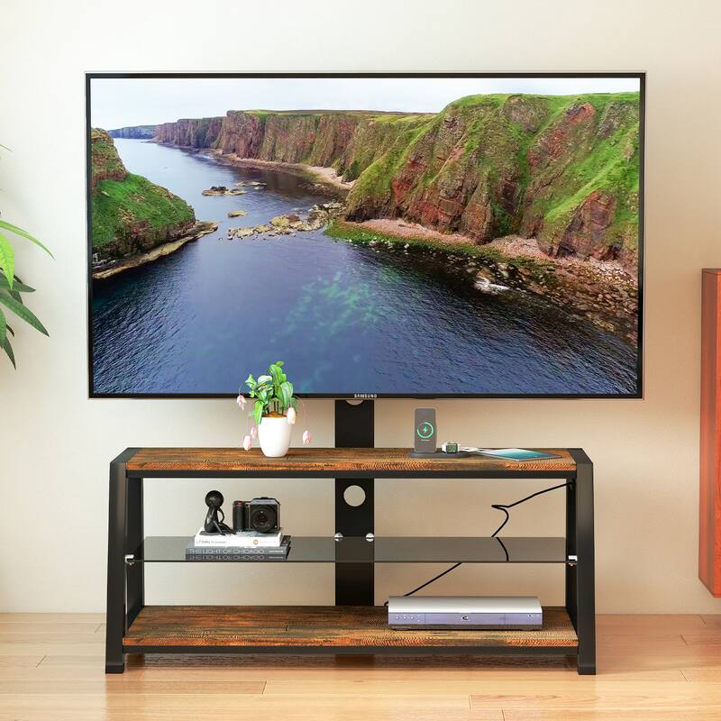 Wooden Storage TV Stand Height Adjustable Universal Swivel Entertainment Center With Mount TV Stand - Acacia Wood