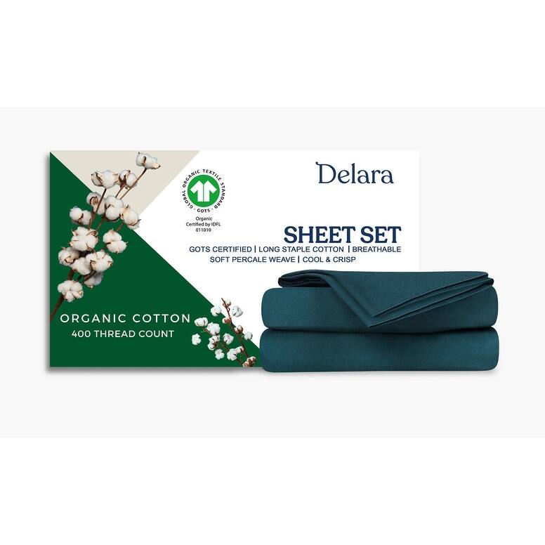 Delara 100% Organic Cotton Percale Sheet Set, GOTS Certified, 400 Thread Count, Ultra Soft, Smooth & Breathable - King (108"X105") - Midnight Blue
