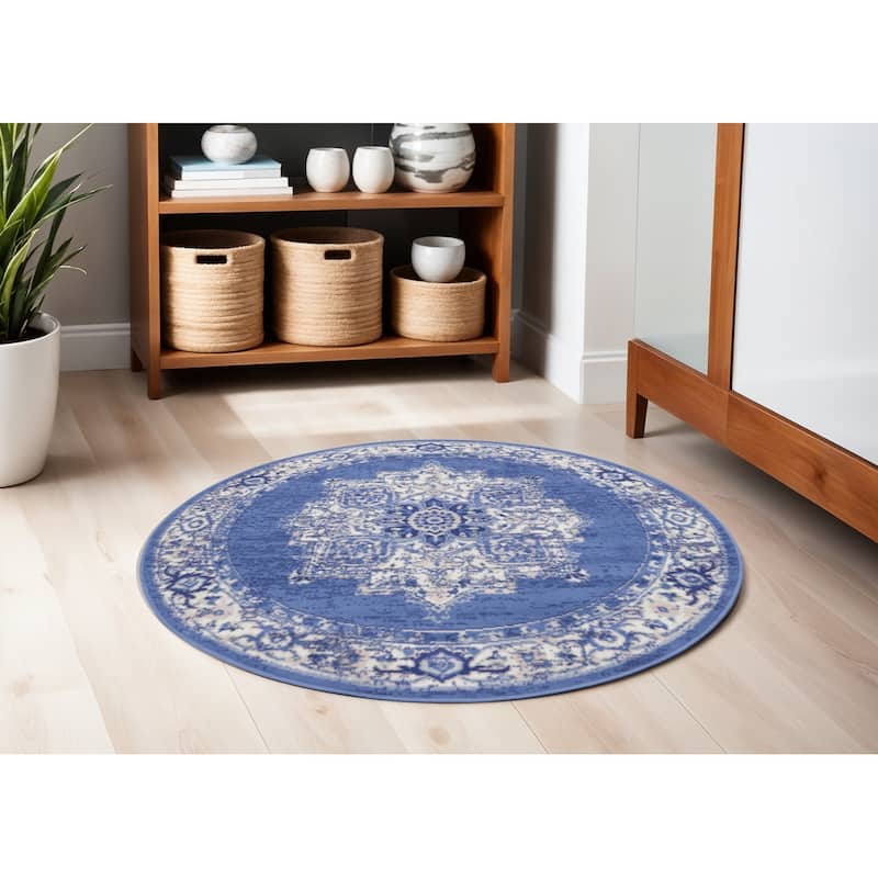 Gohi Power Loomed Geometric Floral Stain Resistant Area Rug By HomeRoots - 60' X '60' X '0.39 - 60' X '60' X '0.39 - Cream/Onyx - Round