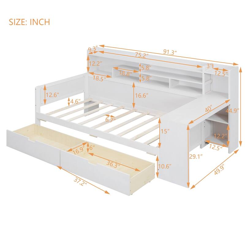 Wooden Twin Size Daybed with Storage Shelves, Multi-functional Bed with Two Storage Drawers and Study Desk