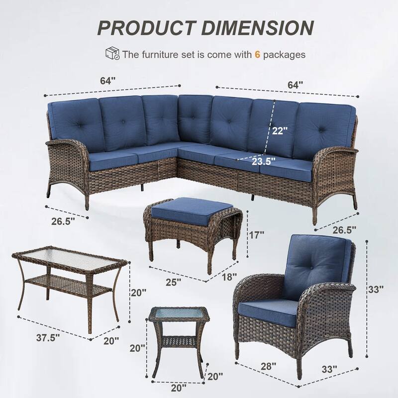 Gymojoy L-Shaped Outdoor Sectional Sofa Set with Patio Chairs Ottomans & Coffee Table