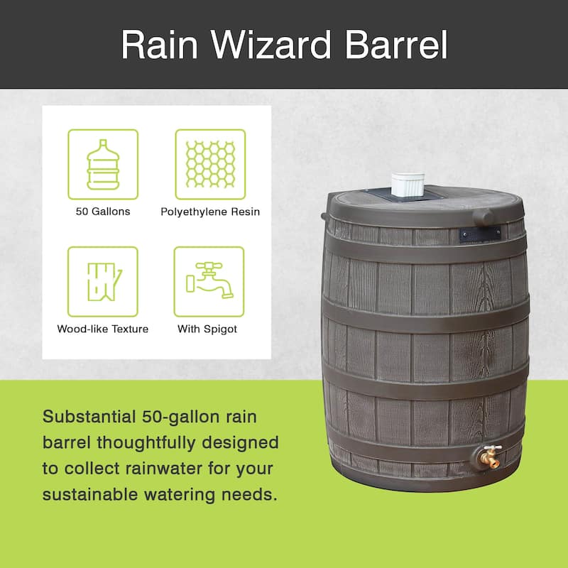 Good Ideas Rain Wizard 50 Gallon Rain Barrel Water Collector, Oak (2 Pack) - 19