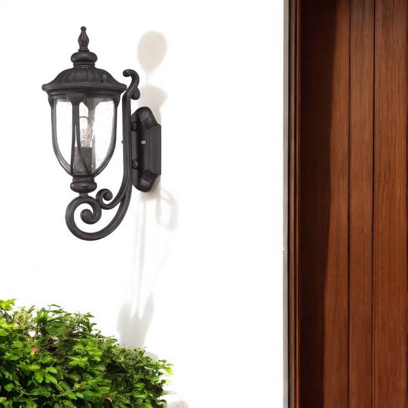 Black Aluminum Outdoor Wall Light with Seeded Glass Flush Mount - 9” x 6.75” x 16.5” (D x W x H)