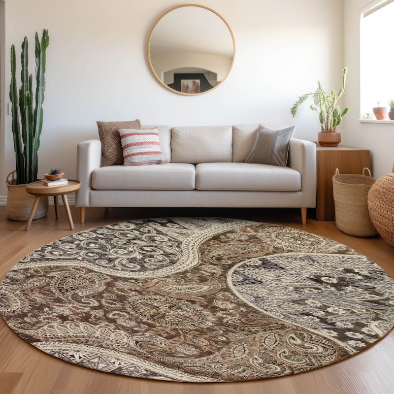 Machine Washable Indoor/ Outdoor Modern Paisley Chantille Rug - Brown - 8' x 8'