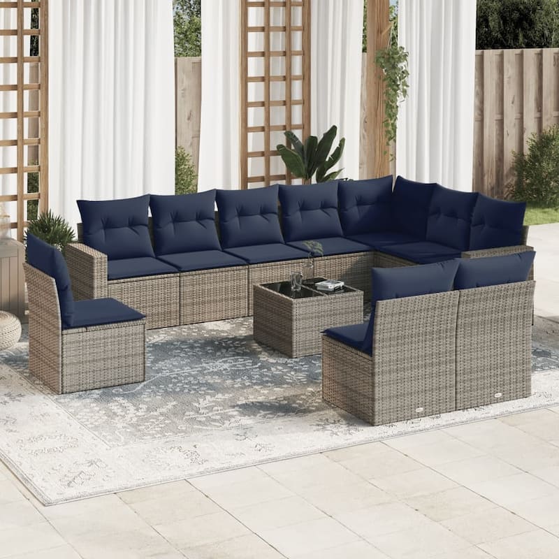 vidaXL Patio Sofa Set with Cushions Outdoor Conversation Furniture Poly Rattan - 25.8" x 24.4" x 27.2" - Beige and gray with table