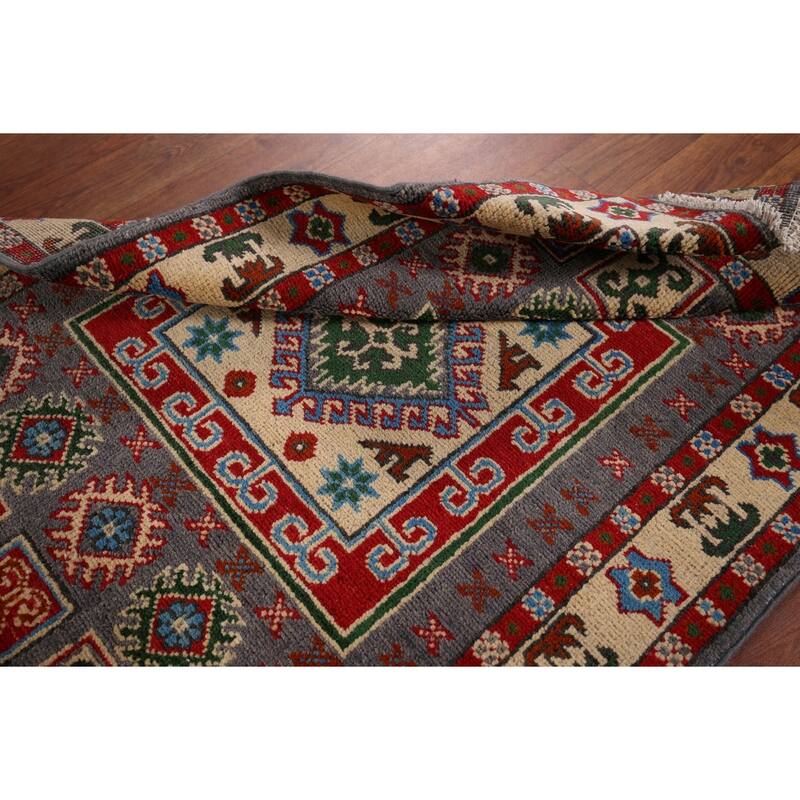 Geometric Grey Kazak Foyer Rug Hand-Knotted Wool Carpet - 2'8" x 3'11"