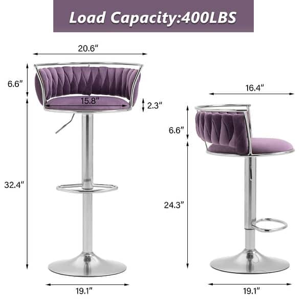 dimension image slide 5 of 24, Modern Velvet Adjustable Swivel Bar Stools Set of 2