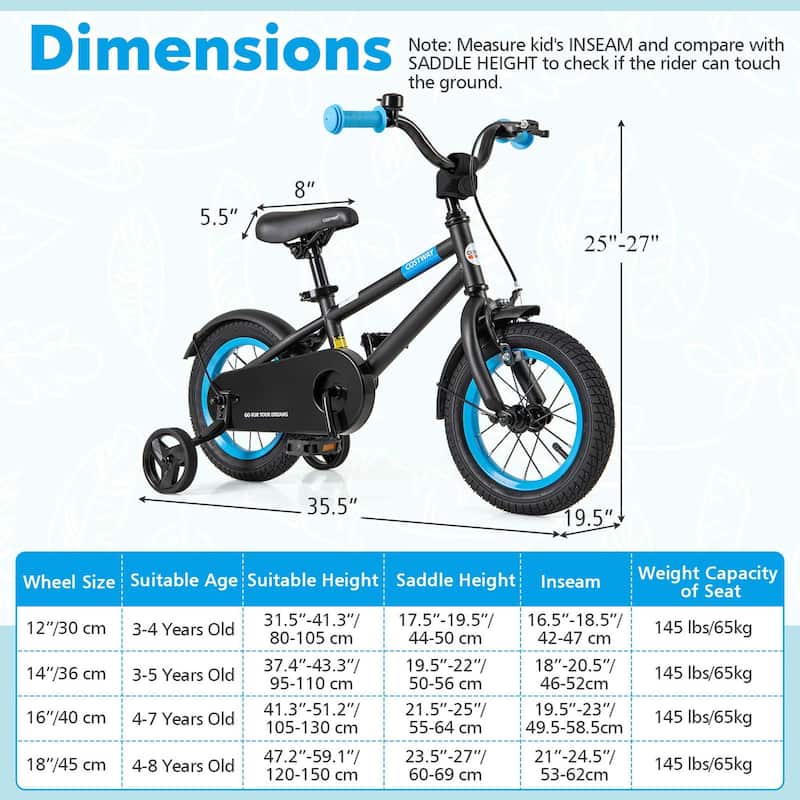 Costway 12" Kids Bike with Adjustable Saddle Handlebar Removable - See Details