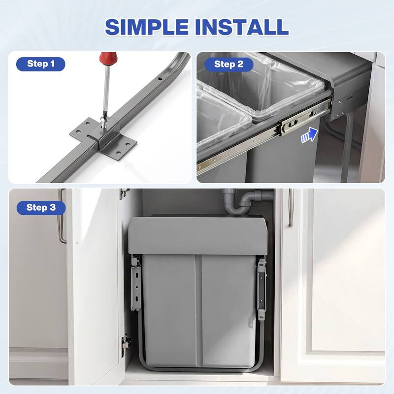 Under Cabinet Pull-Out Trash Can, 40L (20L+20L) Double Bin Kitchen Garbage Can with Soft-Close Slides