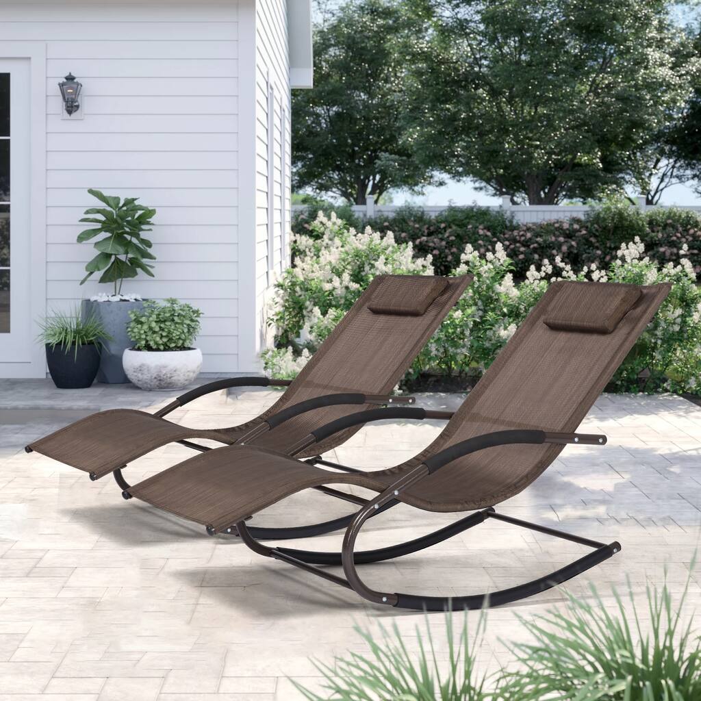 Lounge Chairs, Chaise Lounges with Detachable Pillow for Patio, Lawn, Pool, Outdoor Lounge Chairs Set of 2, Brown - 56.3*24.8*35
