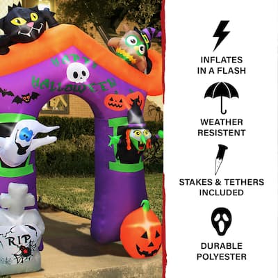 Haunted Hill Farm 10.5-ft. Prelit Inflatable Haunted House Arch with Ghost, Witch, Black Cat