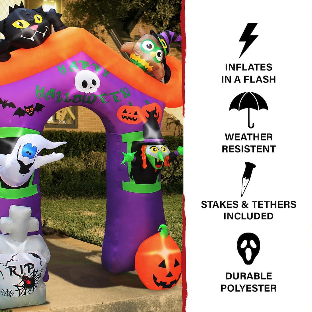 Haunted Hill Farm 10.5-ft. Prelit Inflatable Haunted House Arch with Ghost, Witch, Black Cat